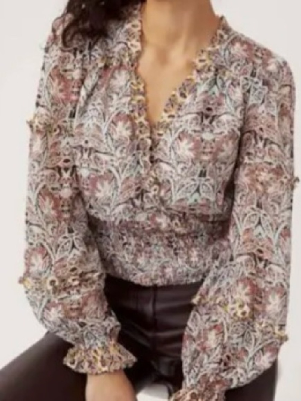 Anthropologie Floral Ruffle Smock V-Neck Blouse Top Long Sleeve Boho Women's M